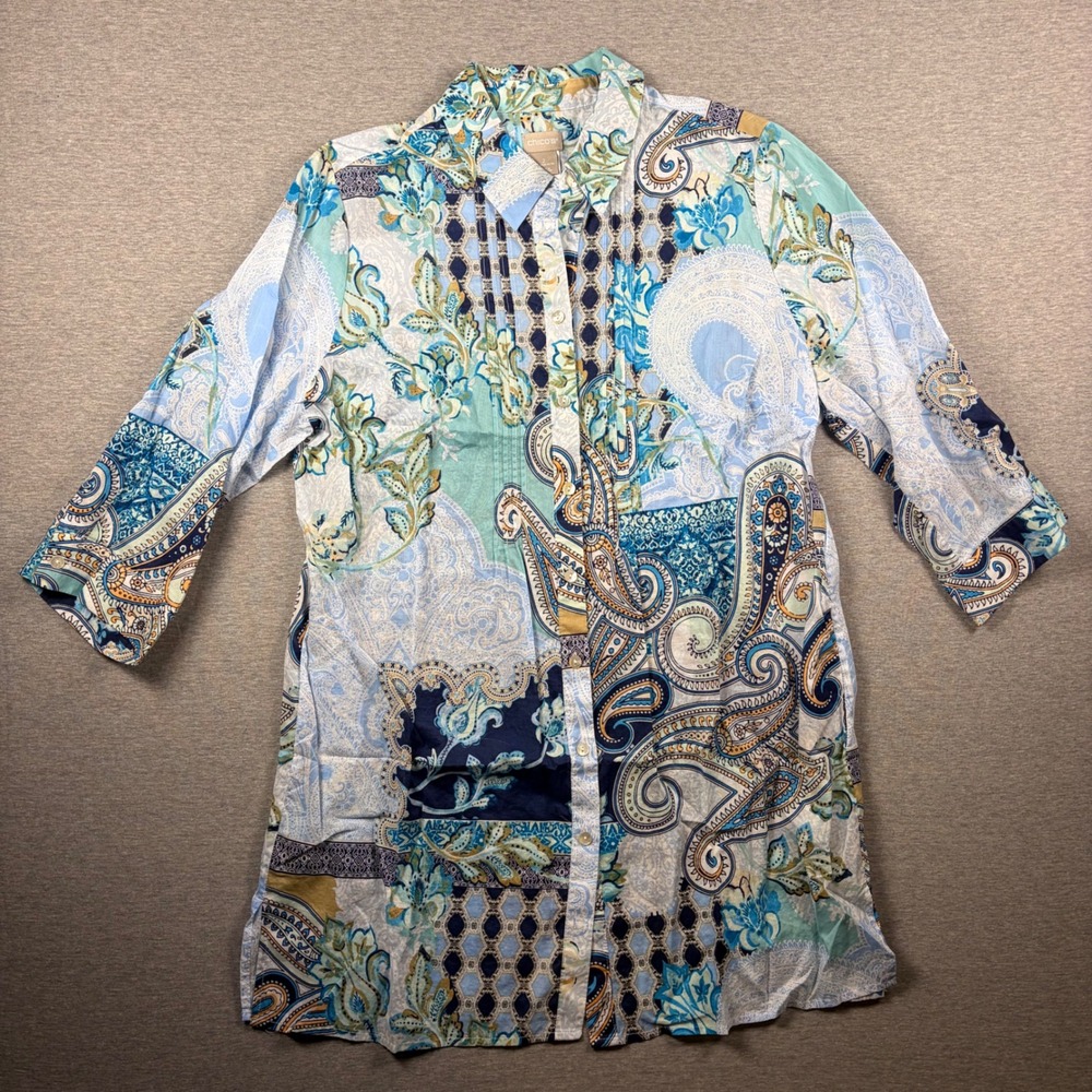 Chico's Tunic Top Womens 2 XL Blue Patchwork Paisley Lightweight Cotton
